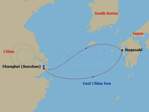 RCL Spectrum of the Seas - 4 Night - Nagasaki Cruise - RCL Spectrum of the Seas - Starting in Shanghai (Baoshan), China, Nagasaki, Japan, Shanghai (Baoshan), China itinerary map