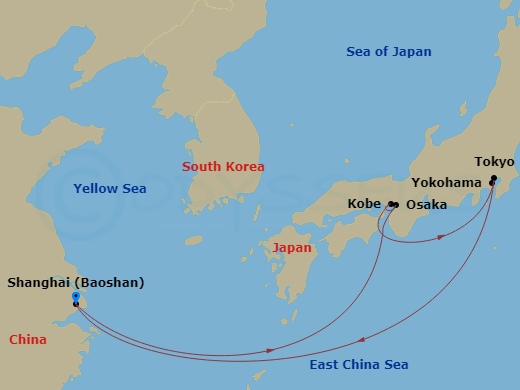 RCL Spectrum of the Seas - 7 Night - Osaka, Kobe & Tokyo Cruise - RCL Spectrum of the Seas - Starting in Shanghai (Baoshan), China, Osaka, Japan, Kobe, Japan, Tokyo (Yokohama), Japan, S.. itinerary map