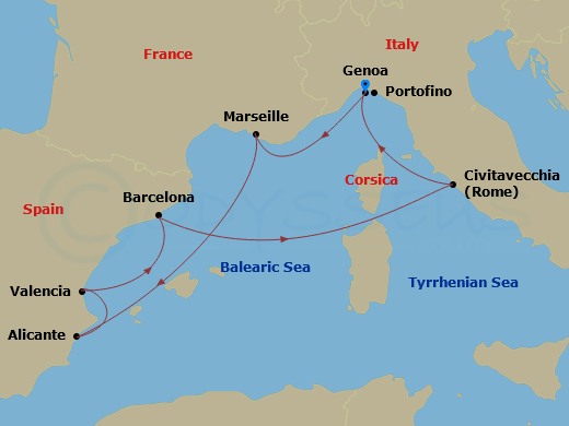 MSC Magnifica - 8 Night - Mediterranean - MSC Magnifica - Starting in Genoa (Portofino), Italy, Marseille (Provence), France, Alicante, Spain, Valencia, Spain, Barcelona, Spa.. itinerary map