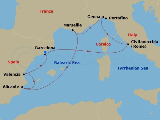 MSC Magnifica - 8 Night - Mediterranean - MSC Magnifica - Starting in Barcelona, Spain, Civitavecchia (Rome), Italy, Genoa (Portofino), Italy, Marseille (Provence), France, A.. itinerary map