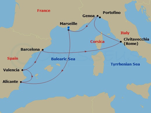 MSC Magnifica - 8 Night - Mrs - MSC Magnifica - Starting in Marseille (Provence), France, Alicante, Spain, Valencia, Spain, Barcelona, Spain, Civitavecchia (Rome), Italy, Gen.. itinerary map