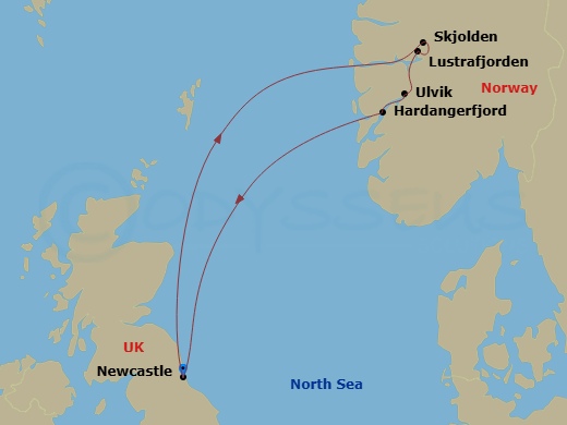 Balmoral - 5 Night - Northern Europe Roundtrip from Newcastle - Balmoral - Starting in Newcastle UK, Skjolden, Cruising Lustrafjord, Pass Urnes Stave Church, Ulvik, Norw.. itinerary map