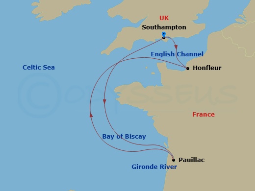 Borealis - 5 Night - Western Europe Roundtrip from Southampton - Borealis - Starting in Southampton, Honfleur, Cruise River Gironde, Pauillac, Southampton itinerary map