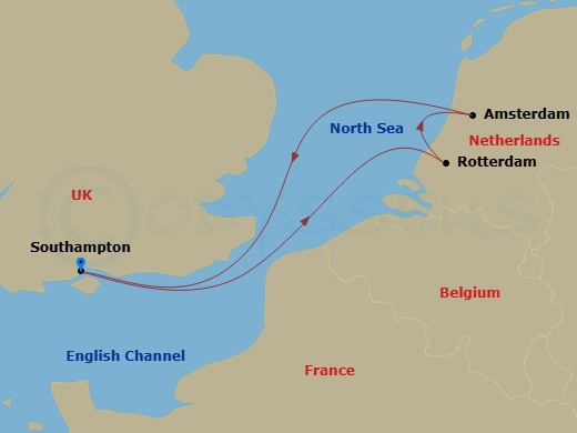 Borealis - 5 Night - Western Europe Roundtrip from Southampton - Borealis - Starting in Southampton, Rotterdam, Amsterdam, Cruising North Sea Canal, Southampton itinerary map