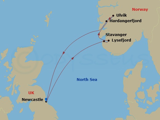 Balmoral - 5 Night - Northern Europe Roundtrip from Newcastle - Balmoral - Starting in Newcastle UK, Stavanger, Cruising Lysefjord, Ulvik, Norway, Cruising Hardangerfjor.. itinerary map