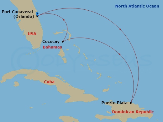RCL Explorer of the Seas - 5 Night - Eastern Caribbean & Perfect Day - RCL Explorer of the Seas - Starting in Orlando (Port Canaveral), Fl, Puerto Plata, Dominican Republic, Perfect Day.. itinerary map