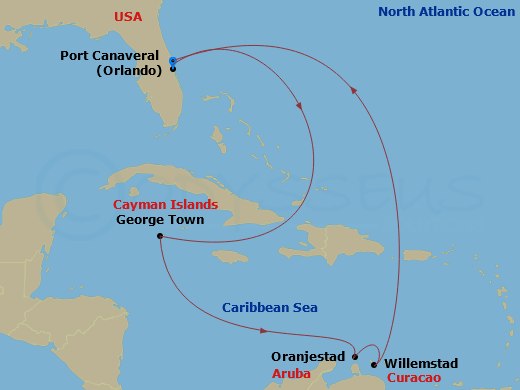 RCL Explorer of the Seas - 9 Night - Southern Caribbean Holiday - RCL Explorer of the Seas - Starting in Orlando (Port Canaveral), Fl, George Town, Grand Cayman, Oranjestad, Aruba, Will.. itinerary map