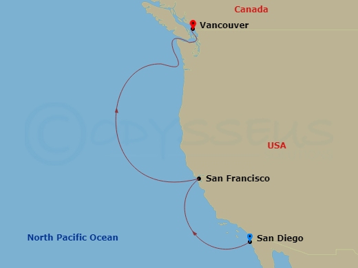 HAL Koningsdam - 5 Night - Pacific Coastal Cruise - HAL Koningsdam - Starting in San Diego, California, San Francisco, California, Vancouver, BC, CA itinerary map