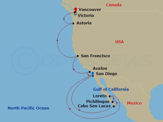 HAL Nieuw Amsterdam - 14 Night - Baja Peninsula, Wine Country and Pnw - HAL Nieuw Amsterdam - Starting in San Diego, California, Cabo San Lucas, Mexico, Pichilingue (La Paz), Mexic.. itinerary map