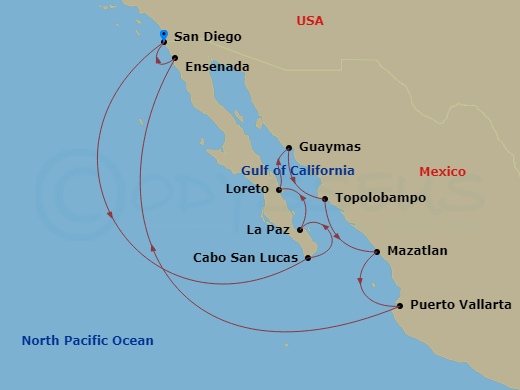 HAL Zuiderdam - 12 Night - Historical Baja Peninsula - HAL Zuiderdam - Starting in San Diego, California, Cabo San Lucas, Mexico, Pichilingue (La Paz), Mexico, Loreto, Mexico.. itinerary map