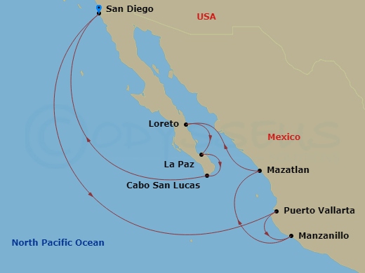 HAL Nieuw Amsterdam - 11 Night - Mexican Riviera & Sea of Cortez - HAL Nieuw Amsterdam - Starting in San Diego, California, Puerto Vallarta, Mexico, Manzanillo, Mexico, Mazatlan, M.. itinerary map