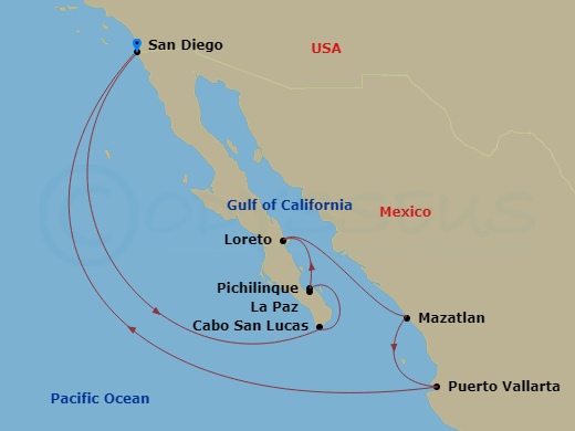 HAL Nieuw Amsterdam - 10 Night - Mexican Riviera & Sea of Cortez - HAL Nieuw Amsterdam - Starting in San Diego, California, Cabo San Lucas, Mexico, Pichilingue (La Paz), Mexico, Lo.. itinerary map