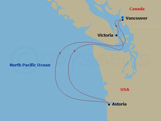 HAL Nieuw Amsterdam - 4 Night - Pacific Northwest Cruise - HAL Nieuw Amsterdam - Starting in Vancouver, BC, CA, Astoria, Oregon, Victoria CA, Canada, Vancouver, BC, CA itinerary map