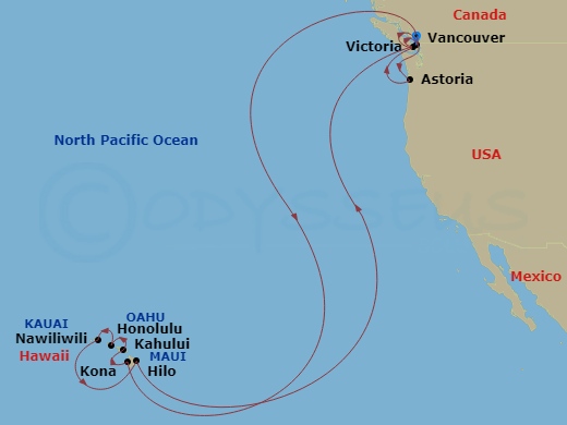 HAL Nieuw Amsterdam - 22 Night - Circle Hawaii & Pacific Northwest Collector - HAL Nieuw Amsterdam - Starting in Vancouver, BC, CA, Kona, Hawaii, Kahului, Maui, Honolulu, Hawaii, N.. itinerary map