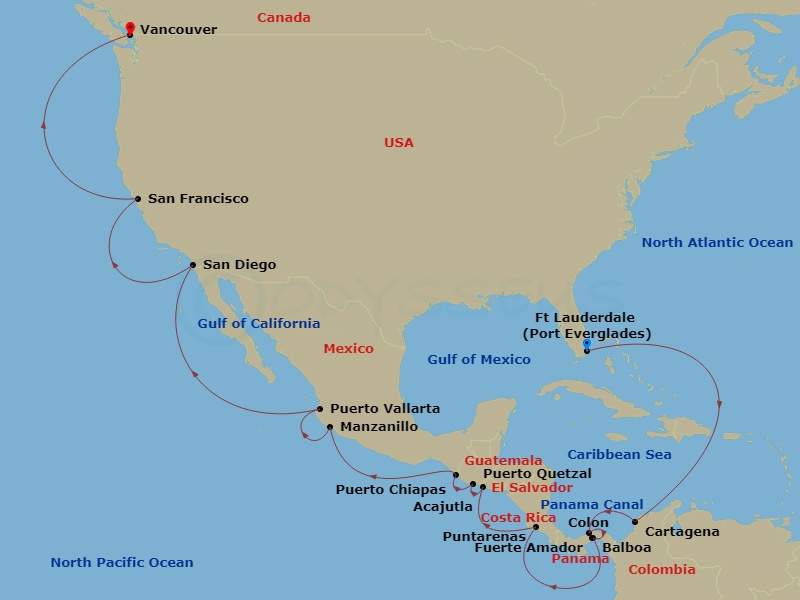 HAL Koningsdam - 22 Night - Panama Canal - HAL Koningsdam - Starting in Fort Lauderdale, Florida, Cartagena CO, Enter Panama Canal Cristobal, Cruising Panama Canal, Exit Panam.. itinerary map