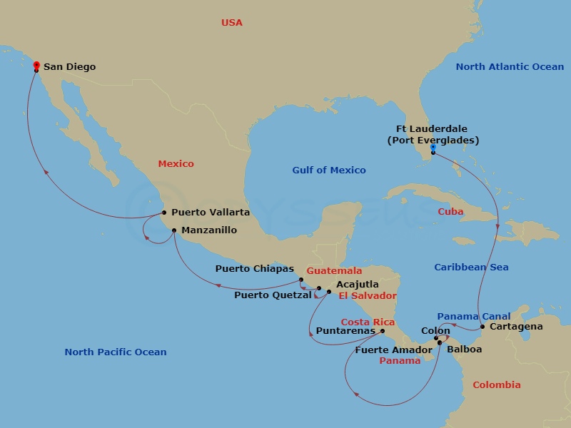 HAL Koningsdam - 17 Night - Panama Canal - HAL Koningsdam - Starting in Fort Lauderdale, Florida, Cartagena CO, Enter Panama Canal Cristobal, Cruising Panama Canal, Exit Panam.. itinerary map