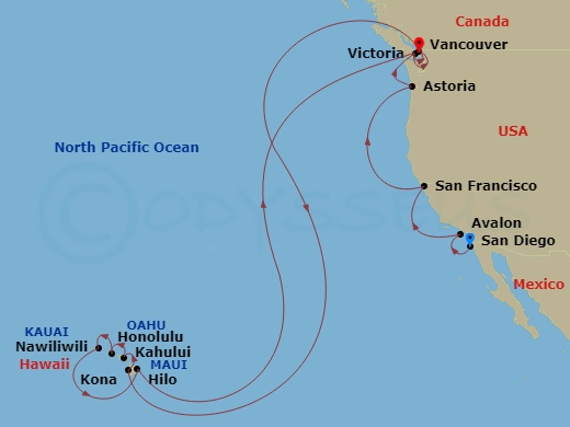 HAL Nieuw Amsterdam - 25 Night - Pacific Coastal & Circle Hawaii Collector - HAL Nieuw Amsterdam - Starting in San Diego, California, Avalon, California, San Francisco, California,.. itinerary map