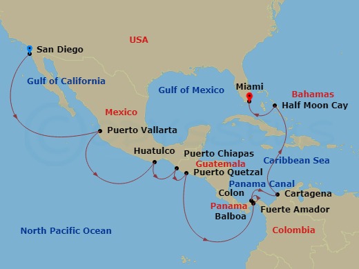 HAL Zuiderdam - 15 Night - Panama Canal - HAL Zuiderdam - Starting in San Diego, California, Puerto Vallarta, Mexico, Huatulco, Mexico, Puerto Chiapas, Mexico, Puerto Quetzal.. itinerary map