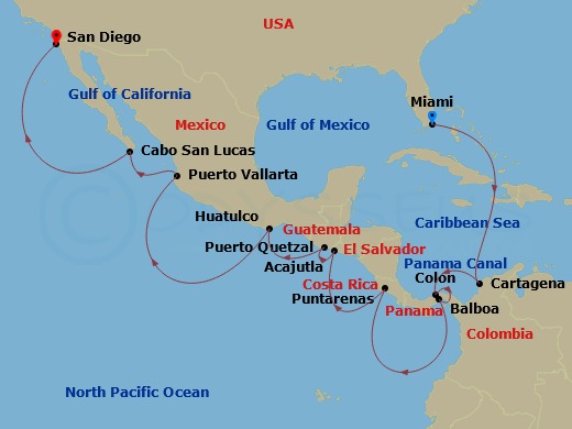HAL Zuiderdam - 15 Night - Panama Canal with History Channel - HAL Zuiderdam - Starting in Miami, Florida, Cartagena CO, Enter Panama Canal Cristobal, Cruising Panama Canal,.. itinerary map