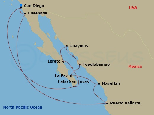 HAL Zaandam - 12 Night - Historical Baja Peninsula - HAL Zaandam - Starting in San Diego, California, Cabo San Lucas, Mexico, Pichilingue (La Paz), Mexico, Guaymas, Mexico,.. itinerary map