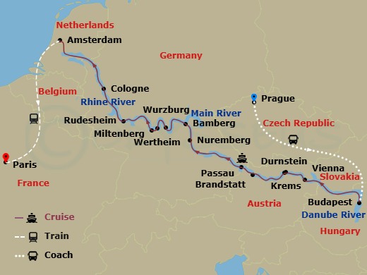 Scenic Jade - 20 Night - Christmas & New Year with Paris & Prague - Scenic Jade - Starting in Prague, Prague / Budapest, Budapest, Vienna, Krems / Durnstein, Brandstatt / P.. itinerary map