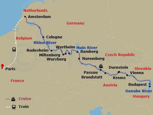 Scenic Jade - 17 Night - Christmas & New Year with Paris - Scenic Jade - Starting in Budapest, Vienna, Krems / Durnstein, Brandstatt / Passau, Nuremberg, Bamberg, Wurzburg,.. itinerary map