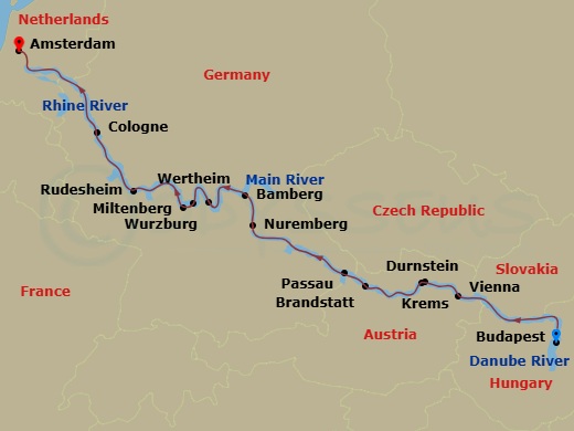 Scenic Jade - 14 Night - Christmas & New Year - Scenic Jade - Starting in Budapest, Vienna, Krems / Durnstein, Brandstatt / Passau, Nuremberg, Bamberg, Wurzburg, Wertheim /.. itinerary map