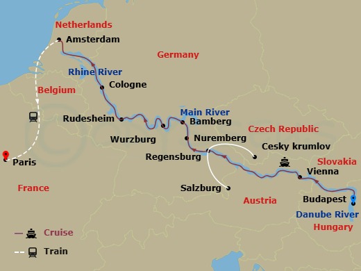 Scenic Opal - 17 Night - Christmas & New Year with Paris - Scenic Opal - Starting in Budapest, Vienna, Salzburg or Cesky Krumlov, Regensburg, Nuremberg, Bamberg, Wurzburg,.. itinerary map