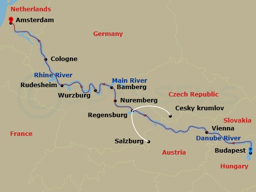 Scenic Opal - 14 Night - Christmas & New Year - Scenic Opal - Starting in Budapest, Vienna, Salzburg or Cesky Krumlov, Regensburg, Nuremberg, Bamberg, Wurzburg, Rudesheim /.. itinerary map