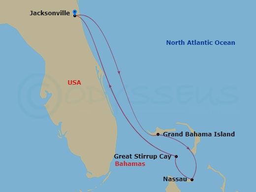 NCL Norwegian Gem - 5 Night - Bahamas - Short - NCL Norwegian Gem - Starting in Jacksonville, Florida, Grand Bahama Island, Bahamas, Nassau, Bahamas, Great Stirrup Cay, Bahamas,.. itinerary map