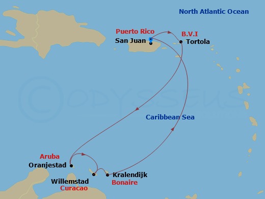 RCL Brilliance of the Seas - 7 Night - Southern Caribbean Cruise - RCL Brilliance of the Seas - Starting in San Juan, Puerto Rico, Tortola, Oranjestad, Aruba, Willemstad AN, Curacao, Kral.. itinerary map