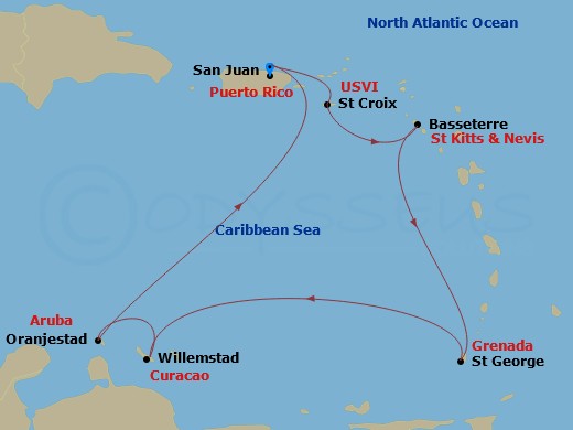 RCL Brilliance of the Seas - 9 Night - Southern Caribbean Cruise - RCL Brilliance of the Seas - Starting in San Juan, Puerto Rico, St Croix, US Virgin Islands, Basseterre, St Kitts and Ne.. itinerary map