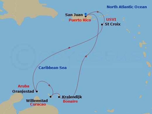 RCL Brilliance of the Seas - 7 Night - Southern Caribbean Cruise - RCL Brilliance of the Seas - Starting in San Juan, Puerto Rico, St Croix, US Virgin Islands, Oranjestad, Aruba, Willemst.. itinerary map