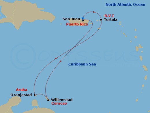 RCL Brilliance of the Seas - 7 Night - Southern Caribbean Cruise - RCL Brilliance of the Seas - Starting in San Juan, Puerto Rico, Willemstad AN, Curacao, Oranjestad, Aruba, Tortola, San.. itinerary map