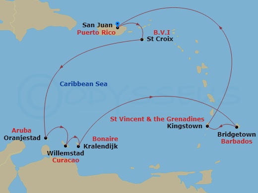 RCL Brilliance of the Seas - 10 Night - Southern Caribbean Cruise - RCL Brilliance of the Seas - Starting in San Juan, Puerto Rico, St Croix, US Virgin Islands, Oranjestad, Aruba, Willems.. itinerary map
