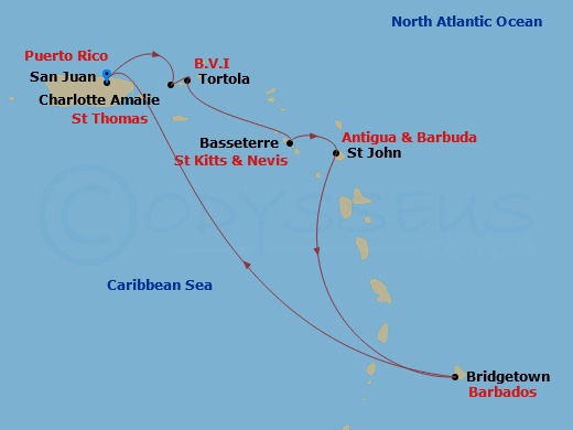 RCL Brilliance of the Seas - 7 Night - Southern Caribbean Cruise - RCL Brilliance of the Seas - Starting in San Juan, Puerto Rico, Charlotte Amalie, St Thomas, Tortola, Basseterre, St Kit.. itinerary map