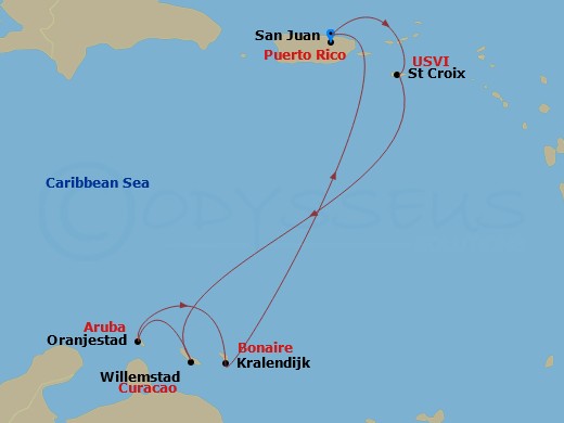 RCL Brilliance of the Seas - 7 Night - Southern Caribbean Cruise - RCL Brilliance of the Seas - Starting in San Juan, Puerto Rico, St Croix, US Virgin Islands, Willemstad AN, Curacao, Ora.. itinerary map