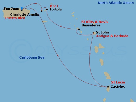 RCL Brilliance of the Seas - 7 Night - Southern Caribbean Cruise - RCL Brilliance of the Seas - Starting in San Juan, Puerto Rico, Charlotte Amalie, St Thomas, Tortola, Basseterre, St Kit.. itinerary map