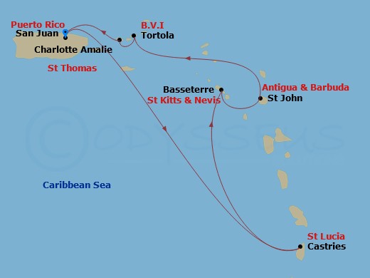 RCL Brilliance of the Seas - 7 Night - Southern Caribbean Cruise - RCL Brilliance of the Seas - Starting in San Juan, Puerto Rico, Castries, St Lucia, Basseterre, St Kitts and Nevis, St J.. itinerary map