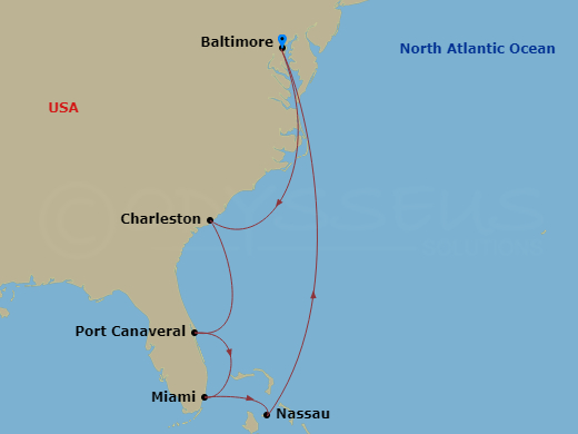 RCL Vision of the Seas - 8 Night - Southeast Coast & Bahamas - RCL Vision of the Seas - Starting in Baltimore, Maryland, Charleston, South Carolina, Orlando (Port Canaveral), Fl, Miam.. itinerary map