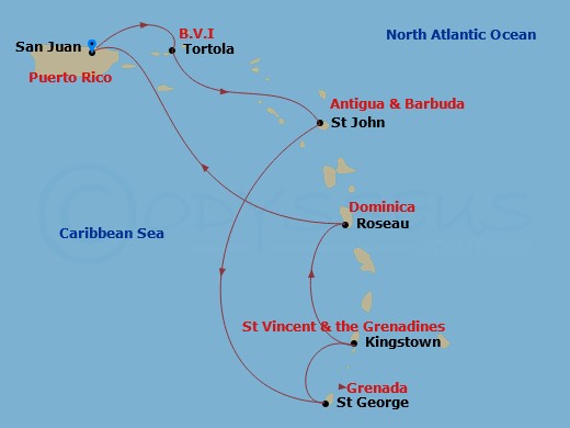 RCL Brilliance of the Seas - 7 Night - Southern Caribbean Cruise - RCL Brilliance of the Seas - Starting in San Juan, Puerto Rico, Tortola, St Johns AG, Antigua, St Georges, Grenada, King.. itinerary map