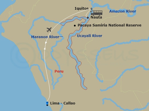 Delfin II Cruise Tours - 9 Night - Upper Amazon : a River Expedition - Delfin II Cruise Tours - Starting in Lima, Peru, Lima / Iquitos / Nauta / Embark Ship, Pacaya-Samiria Reserve, N.. itinerary map