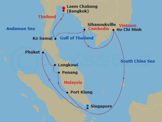 NCL Norwegian Sun - 13 Night - Asia - South East - NCL Norwegian Sun - Starting in Singapore, Phuket, Thailand, Langkawi, Malaysia, Penang, Malaysia, Port Klang / Kuala Lumpur, M.. itinerary map