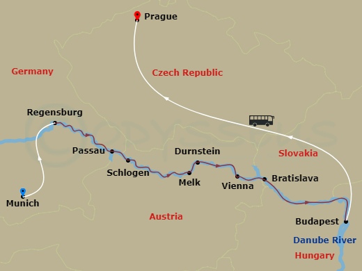 Scenic Opal - 10 Night - Danube Christmas Markets with Prague - Scenic Opal - Starting in Munich / Regensburg, Regensburg, Passau / Schlogen, Melk / Durnstein, Vienna, Brat.. itinerary map
