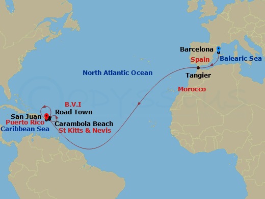 Seabourn Ovation - 14 Night - Crossing to the Caribbean - Seabourn Ovation - Starting in Barcelona, Spain, Tangier, Morocco, Carambola Beach, Saint Kitts and Nevis, Road Town (T.. itinerary map