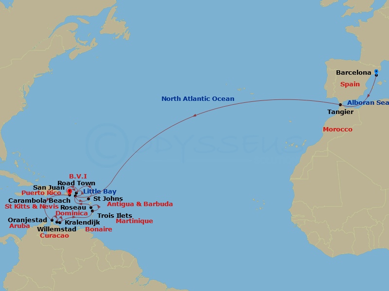 Seabourn Ovation - 26 Night - Crossing and Southern Caribbean - Seabourn Ovation - Starting in Barcelona, Spain, Tangier, Morocco, Carambola Beach, Saint Kitts and Nevis, Road T.. itinerary map