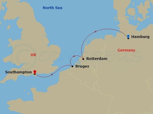 Queen Anne - 5 Night - Rotterdam and Zeebrugge Short Break - Queen Anne - Starting in Hamburg, Germany, Rotterdam, Netherlands, Zeebrugge (tours to Bruges), Belgium, South.. itinerary map