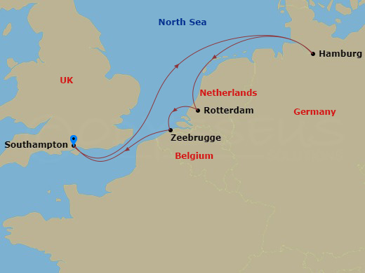 Queen Anne - 7 Night - Hamburg, Rotterdam and Zeebrugge - Queen Anne - Starting in Southampton, England, UK, Hamburg, Germany, Rotterdam, Netherlands, Zeebrugge (tours to.. itinerary map