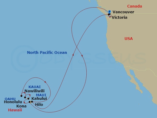 HAL Nieuw Amsterdam - 18 Night - Circle Hawaii - HAL Nieuw Amsterdam - Starting in Vancouver, BC, CA, Kona, Hawaii, Kahului, Maui, Honolulu, Hawaii, Nawiliwili, Kauai, Hawaii, Hilo.. itinerary map