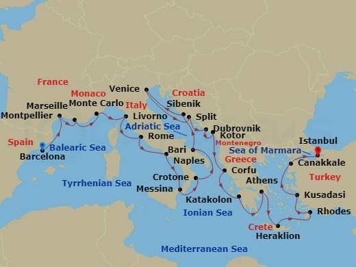 Viking Vesta - 28 Night - Mediterranean's Iconic Shores - Viking Vesta - Starting in Barcelona, Sete, Marseille, Monte Carlo, Florence / Pisa (Livorno), Rome (Civitavecchia).. itinerary map